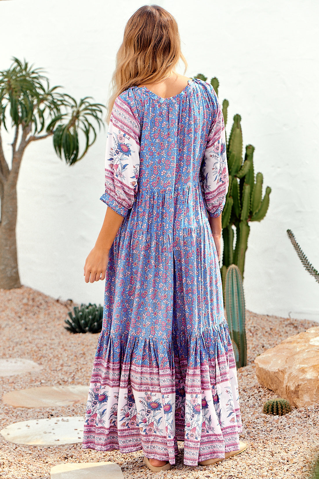 JAASE: Blossom Maxi Dress - Scoop Neck On or Off Shoulder Smock Dress in Blu Print