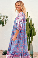 JAASE: Blossom Maxi Dress - Scoop Neck On or Off Shoulder Smock Dress in Blu Print