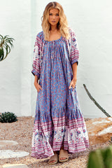 JAASE: Blossom Maxi Dress - Scoop Neck On or Off Shoulder Smock Dress in Blu Print