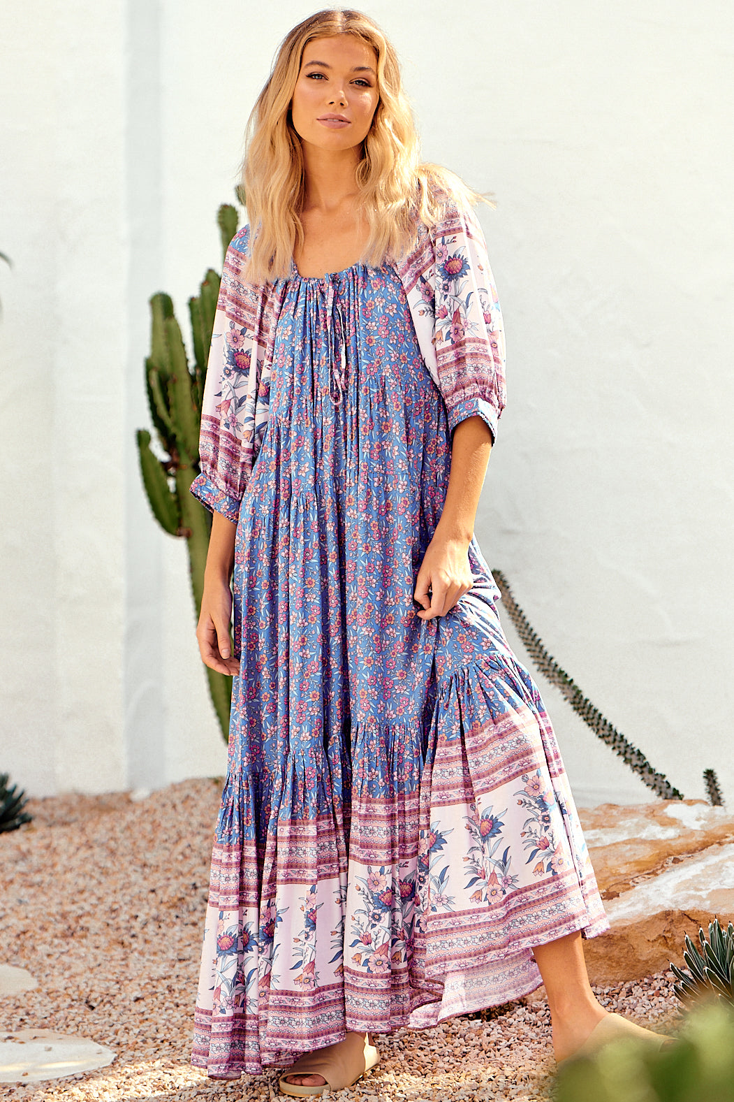 JAASE: Blossom Maxi Dress - Scoop Neck On or Off Shoulder Smock Dress in Blu Print