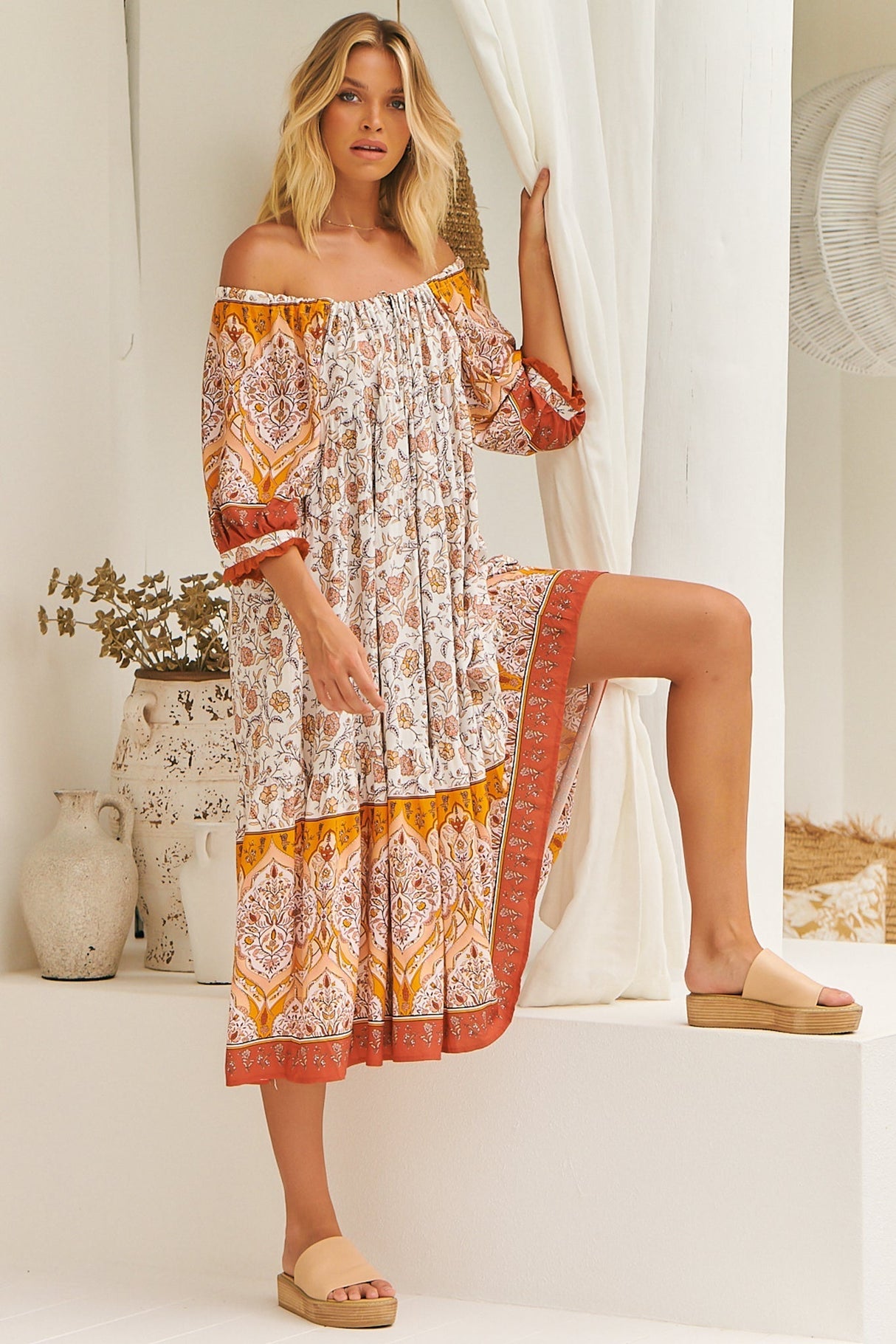 JAASE: Blossom Maxi Dress - Scoop Neck On or Off Shoulder Smock Dress in Quincy Print