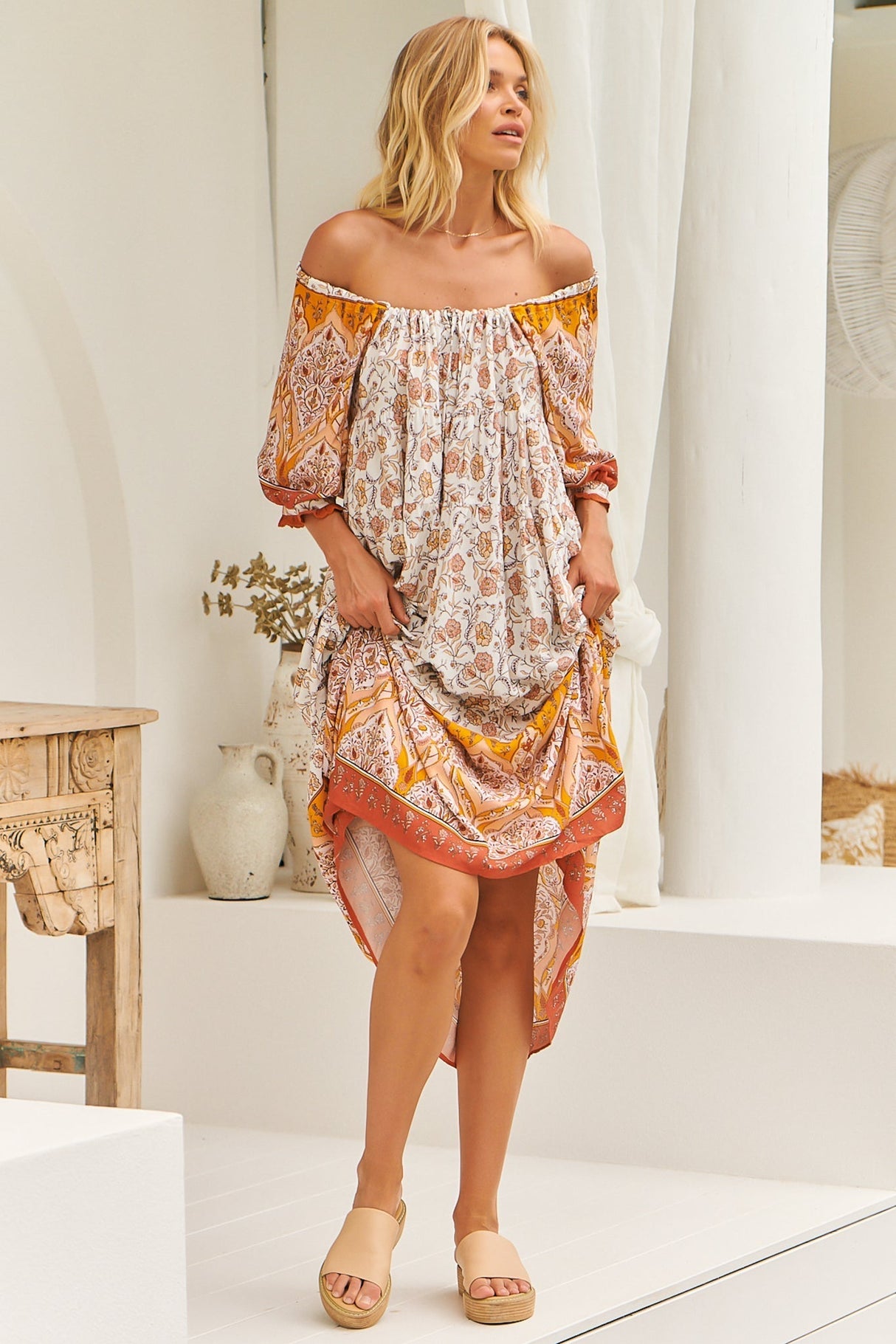 JAASE - Blossom Maxi Dress - Scoop Neck On or Off Shoulder Smock Dress in Quincy Print