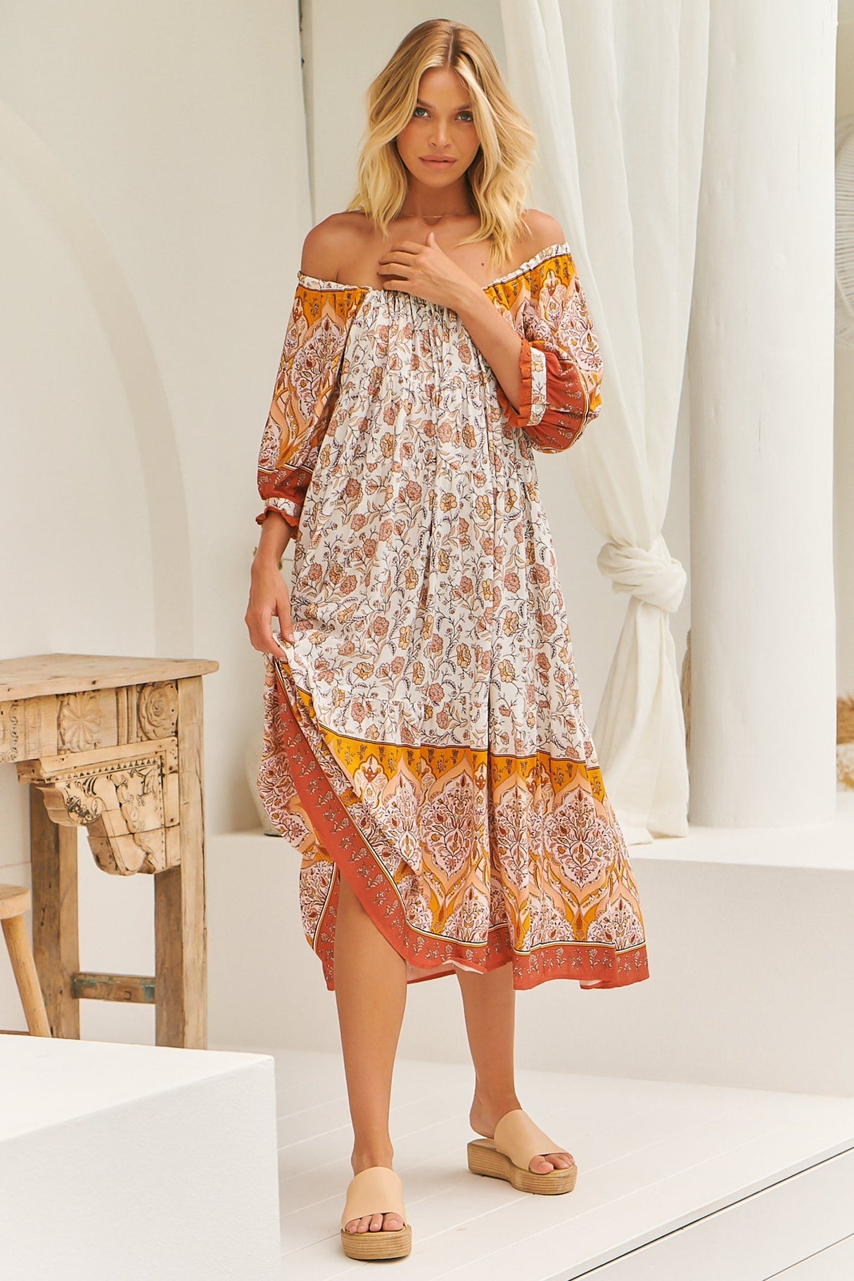 JAASE - Blossom Maxi Dress - Scoop Neck On or Off Shoulder Smock Dress in Quincy Print