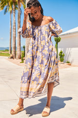 JAASE: Blossom Maxi Dress - Scoop Neck On or Off Shoulder Smock Dress in Ray Print