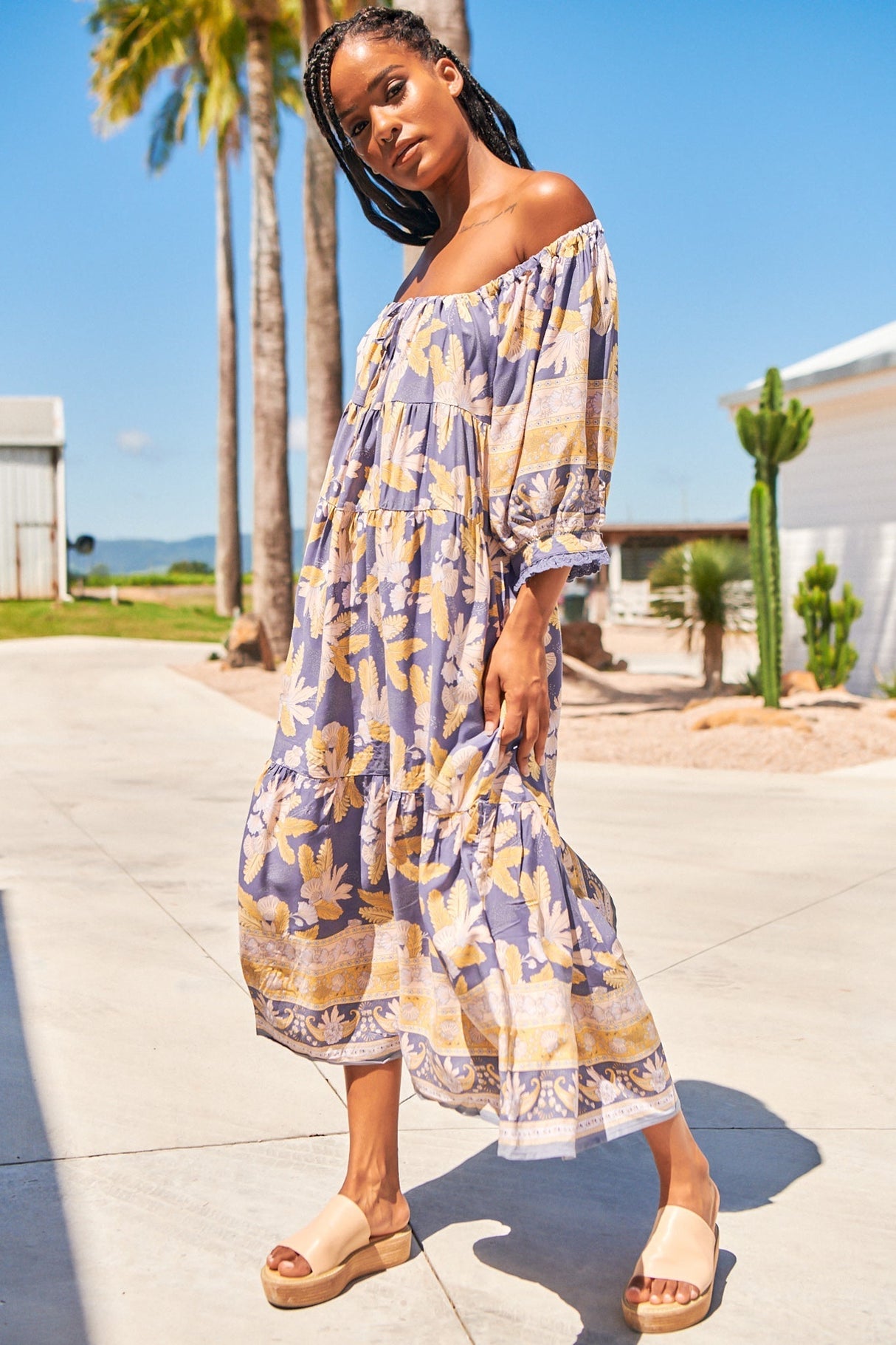 JAASE: Blossom Maxi Dress - Scoop Neck On or Off Shoulder Smock Dress in Ray Print