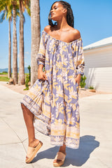 JAASE: Blossom Maxi Dress - Scoop Neck On or Off Shoulder Smock Dress in Ray Print