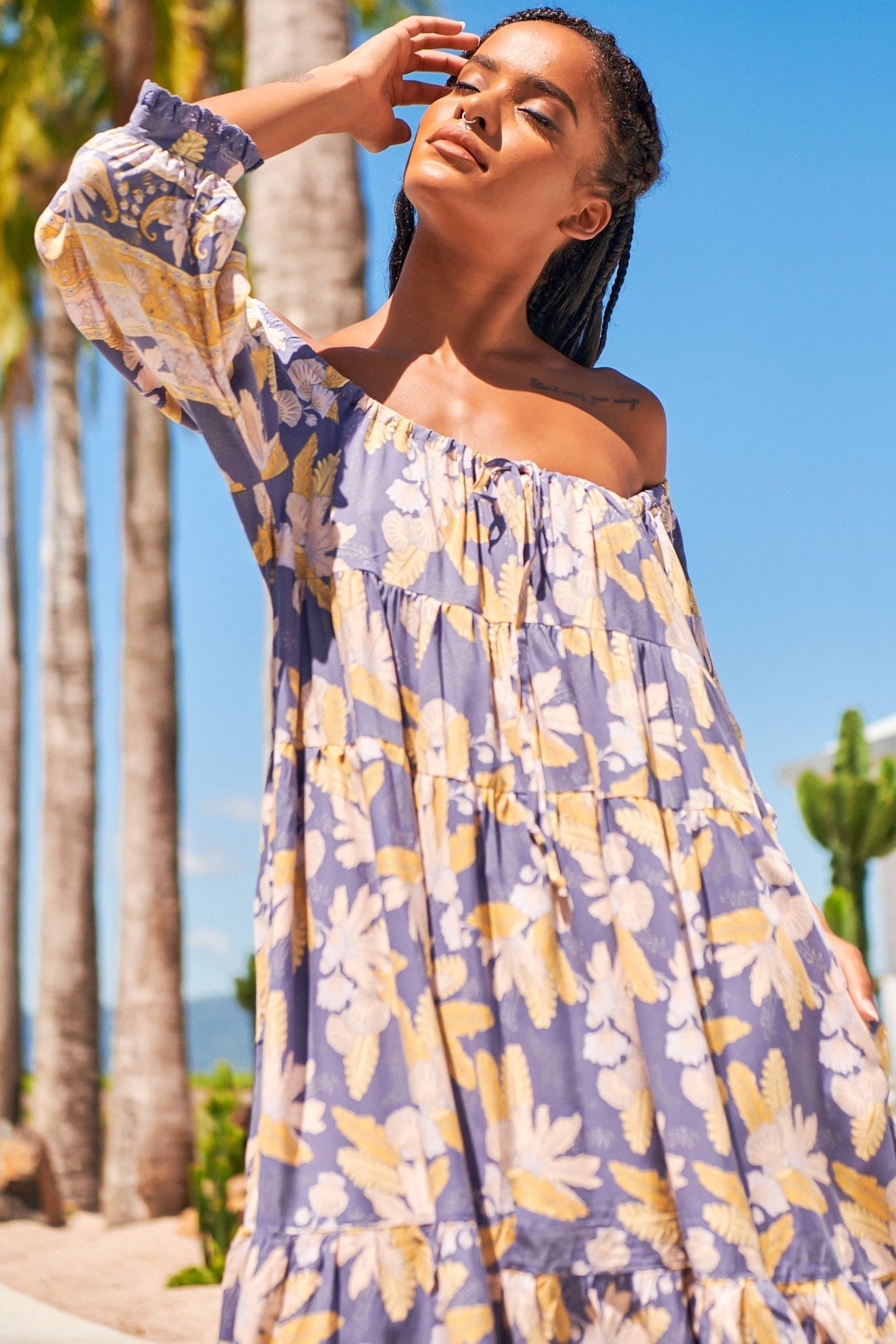 JAASE: Blossom Maxi Dress - Scoop Neck On or Off Shoulder Smock Dress in Ray Print