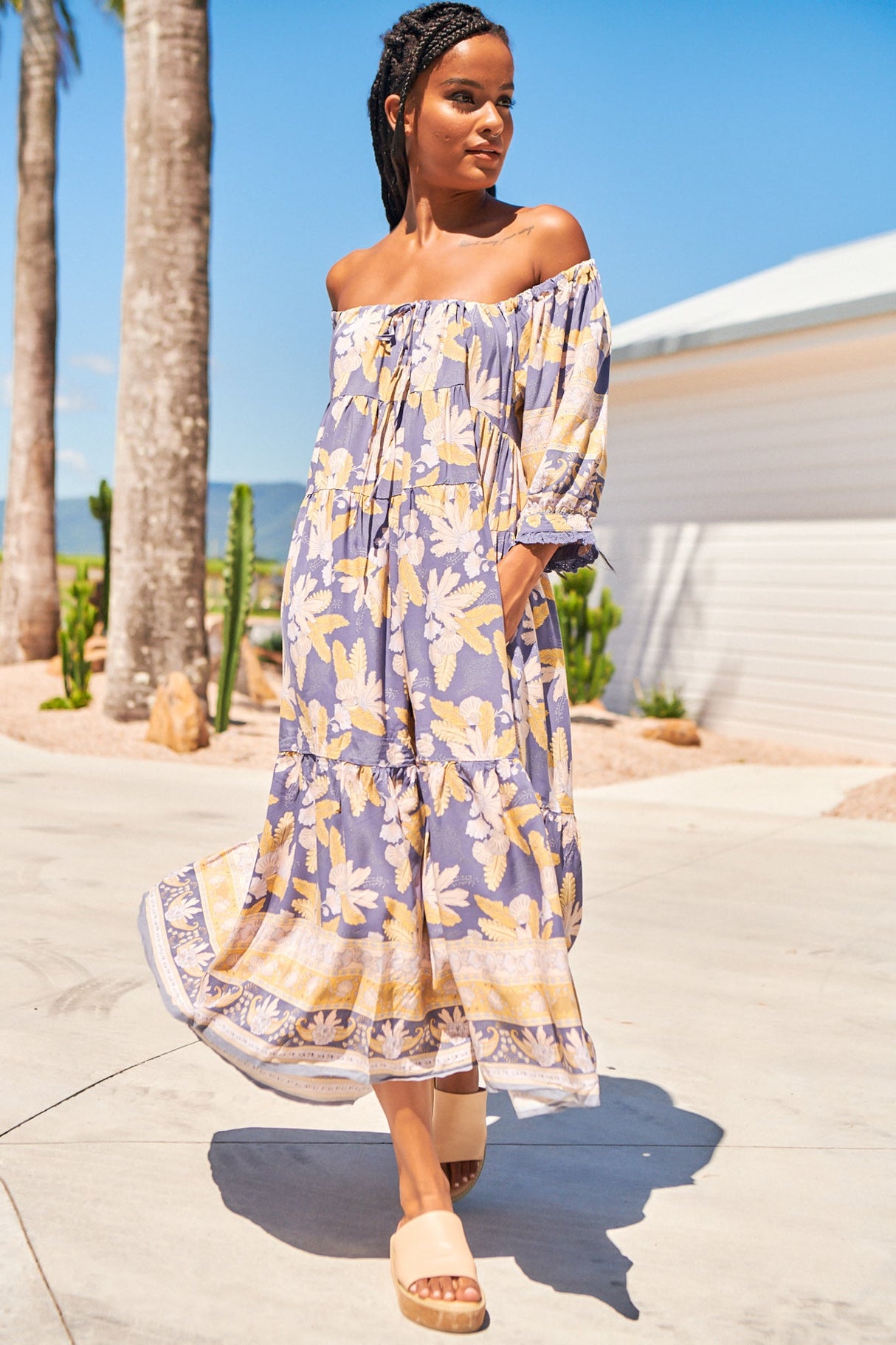 JAASE: Blossom Maxi Dress - Scoop Neck On or Off Shoulder Smock Dress in Ray Print