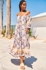 JAASE: Blossom Maxi Dress - Scoop Neck On or Off Shoulder Smock Dress in Ray Print