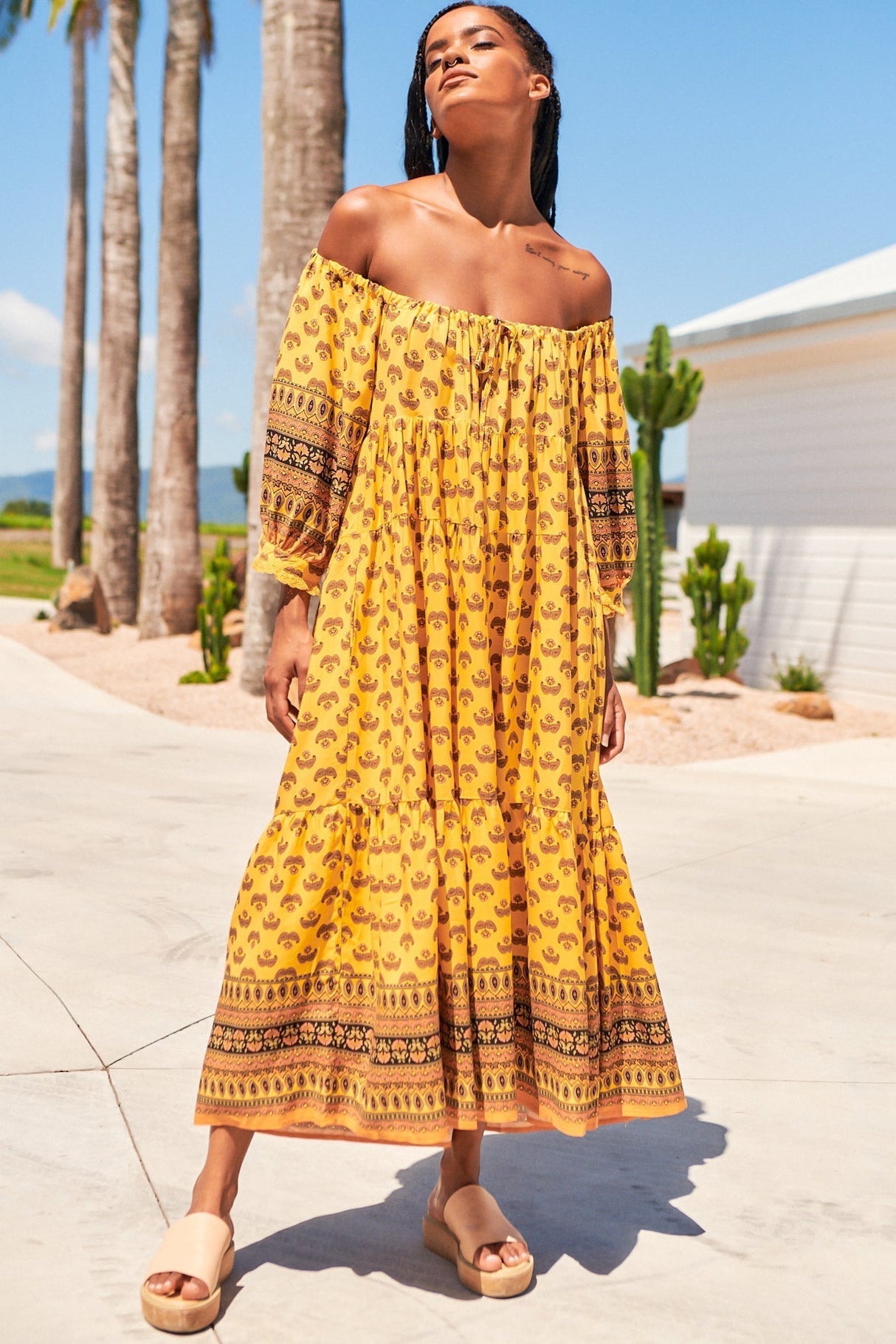 JAASE - Blossom Maxi Dress: Round Neckline with Adjustable Drawstring Neckline in Sunbeam Print