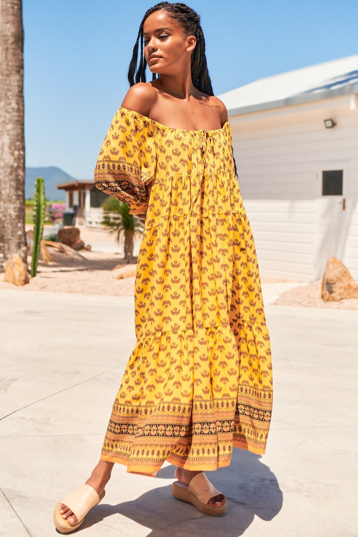 JAASE - Blossom Maxi Dress: Round Neckline with Adjustable Drawstring Neckline in Sunbeam Print