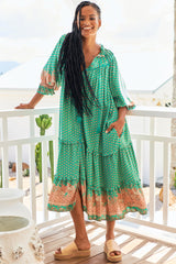 JAASE - Briana Midi Dress: Frill Collar Oversized Buttoned Dress with Waist Tie and Frill Splicing in Jade Print