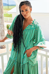 JAASE - Briana Midi Dress: Frill Collar Oversized Buttoned Dress with Waist Tie and Frill Splicing in Jade Print