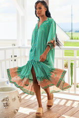 JAASE - Briana Midi Dress: Frill Collar Oversized Buttoned Dress with Waist Tie and Frill Splicing in Jade Print