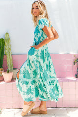 JAASE - Carmen Maxi Dress: Butterfly Cap Sleeve Button Down A Line Dress with Lace Trim in Capri Sea Print