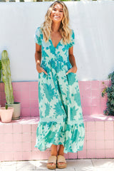JAASE - Carmen Maxi Dress: Butterfly Cap Sleeve Button Down A Line Dress with Lace Trim in Capri Sea Print