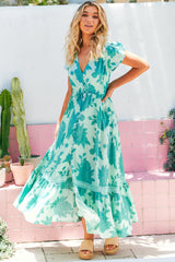 JAASE - Carmen Maxi Dress: Butterfly Cap Sleeve Button Down A Line Dress with Lace Trim in Capri Sea Print