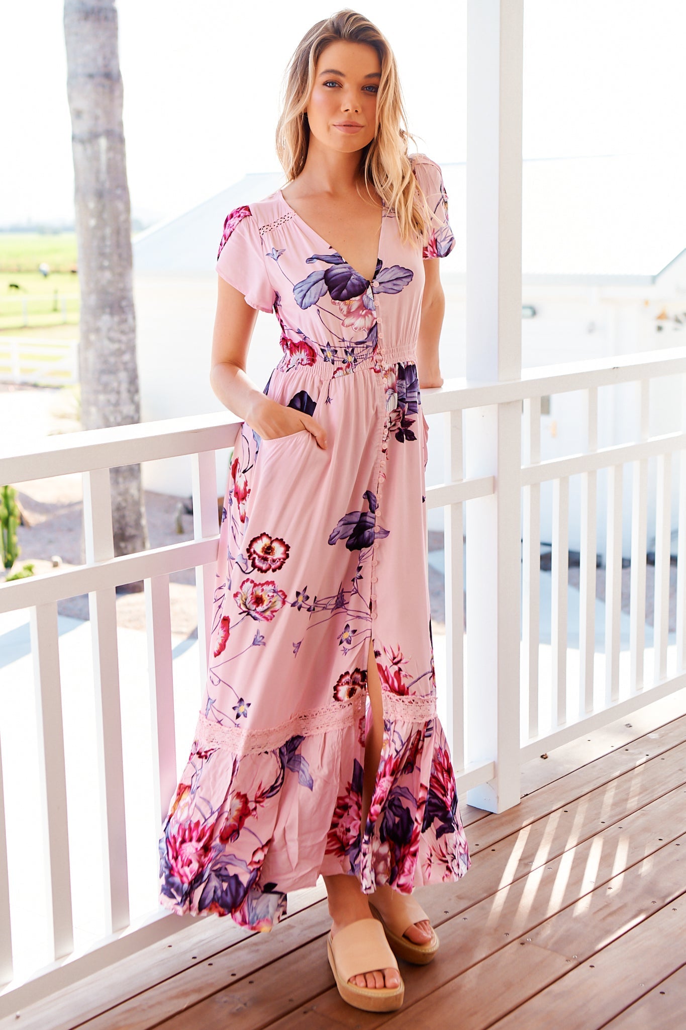 Carmen Maxi Dress Butterfly Cap Sleeve Button Down Line Dress Lace Trim Dahlia Print