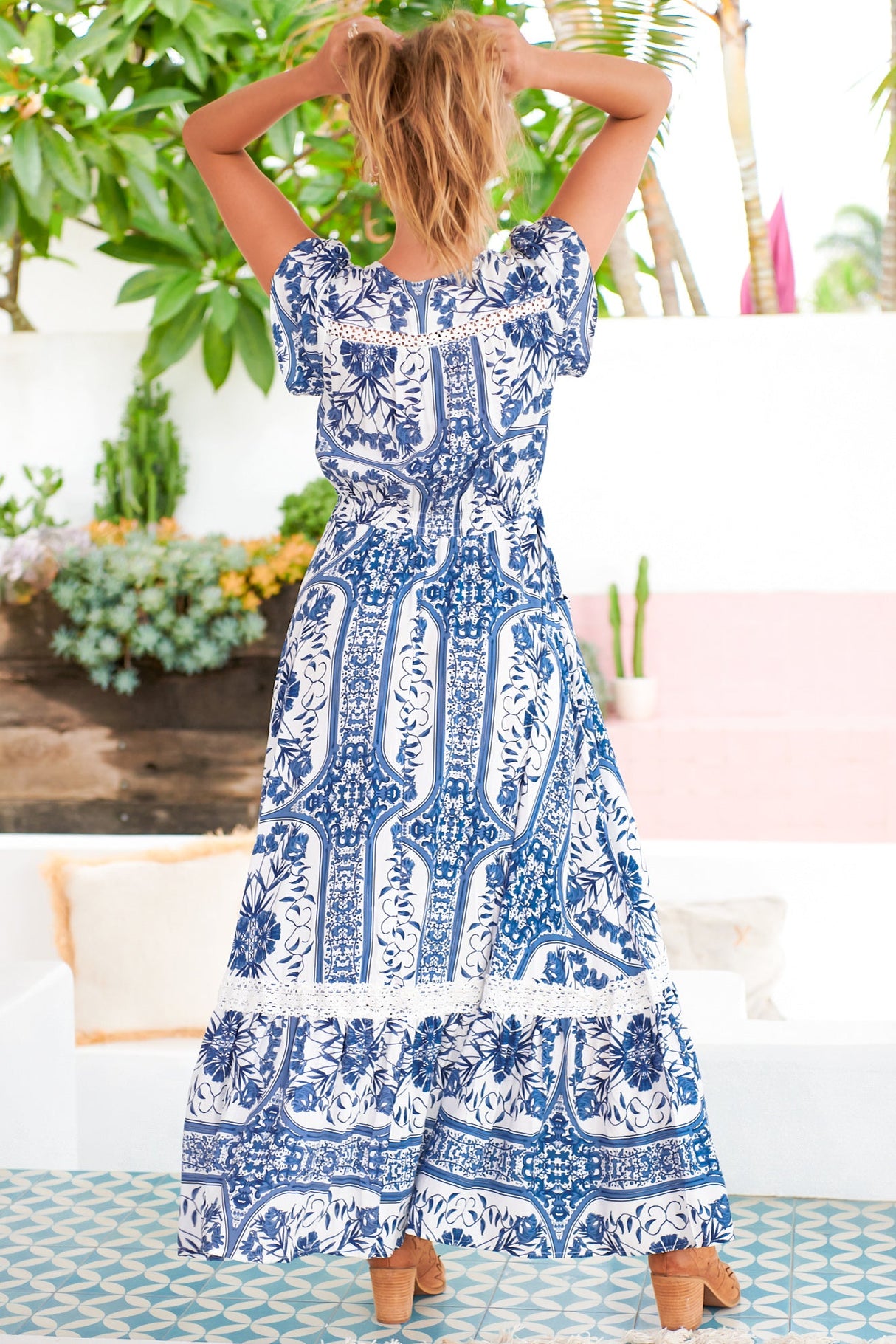 JAASE - Carmen Maxi Dress: Butterfly Cap Sleeve Button Down A Line Dress with Lace Trim in Denim Dreams Print