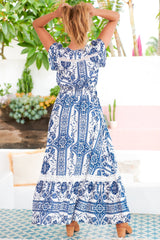 JAASE - Carmen Maxi Dress: Butterfly Cap Sleeve Button Down A Line Dress with Lace Trim in Denim Dreams Print