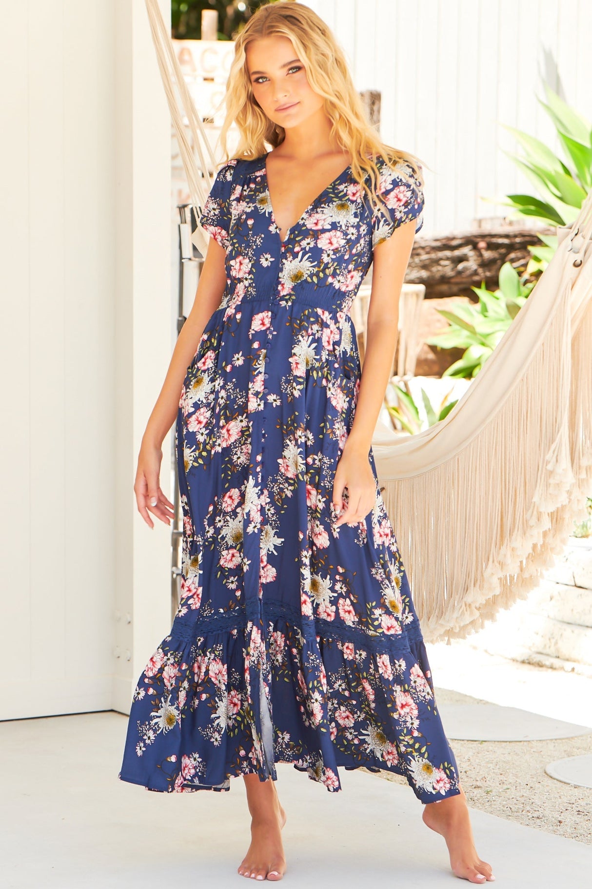 JAASE - Carmen Maxi Dress: Butterfly Cap Sleeve Button Down A Line Dress with Lace Trim in Piana Print