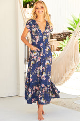 JAASE - Carmen Maxi Dress: Butterfly Cap Sleeve Button Down A Line Dress with Lace Trim in Piana Print