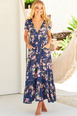 JAASE - Carmen Maxi Dress: Butterfly Cap Sleeve Button Down A Line Dress with Lace Trim in Piana Print