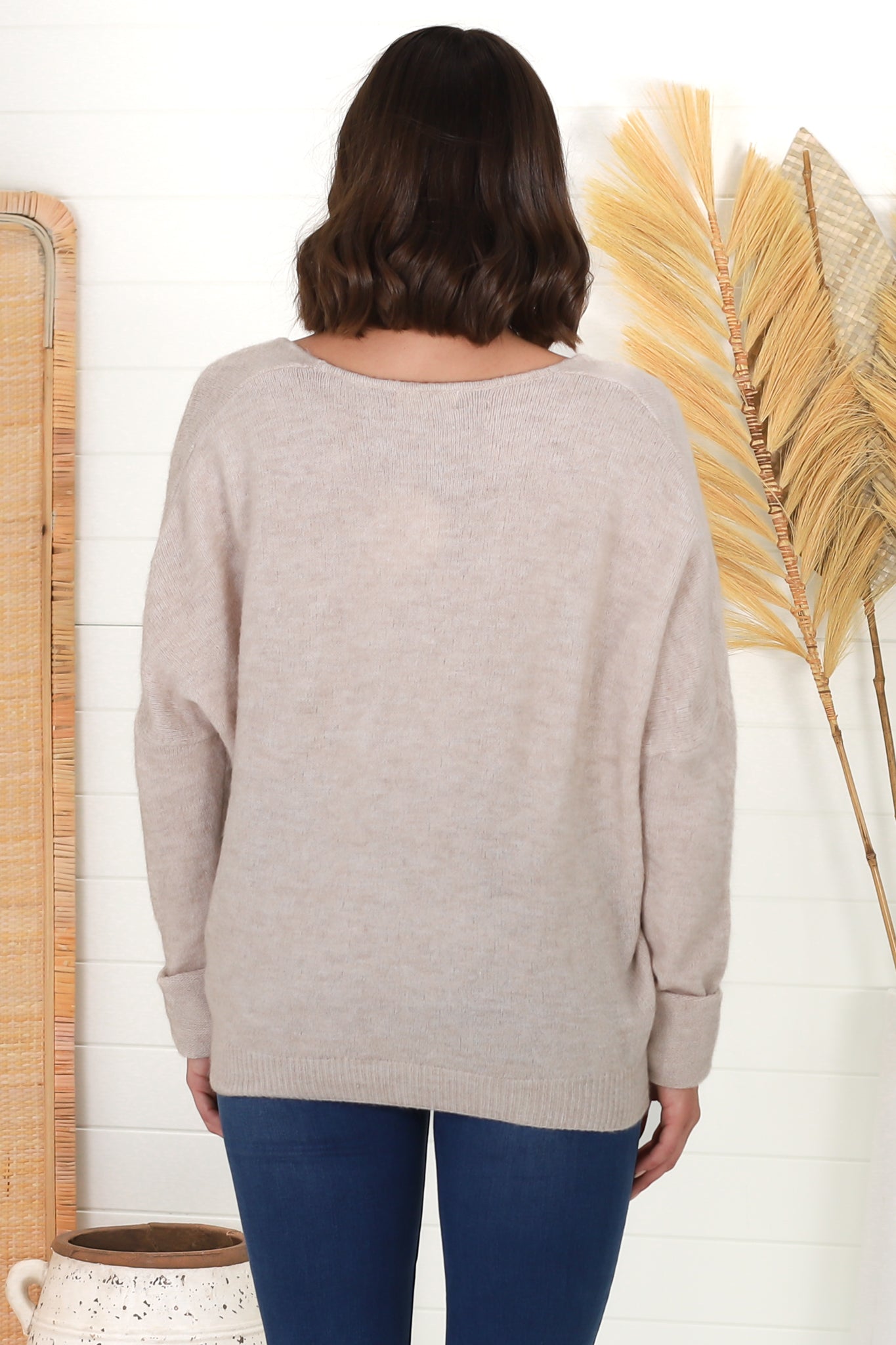 Carol Knit Top - Soft V Neck Batwing Sleeve Knit Top in Oatmeal