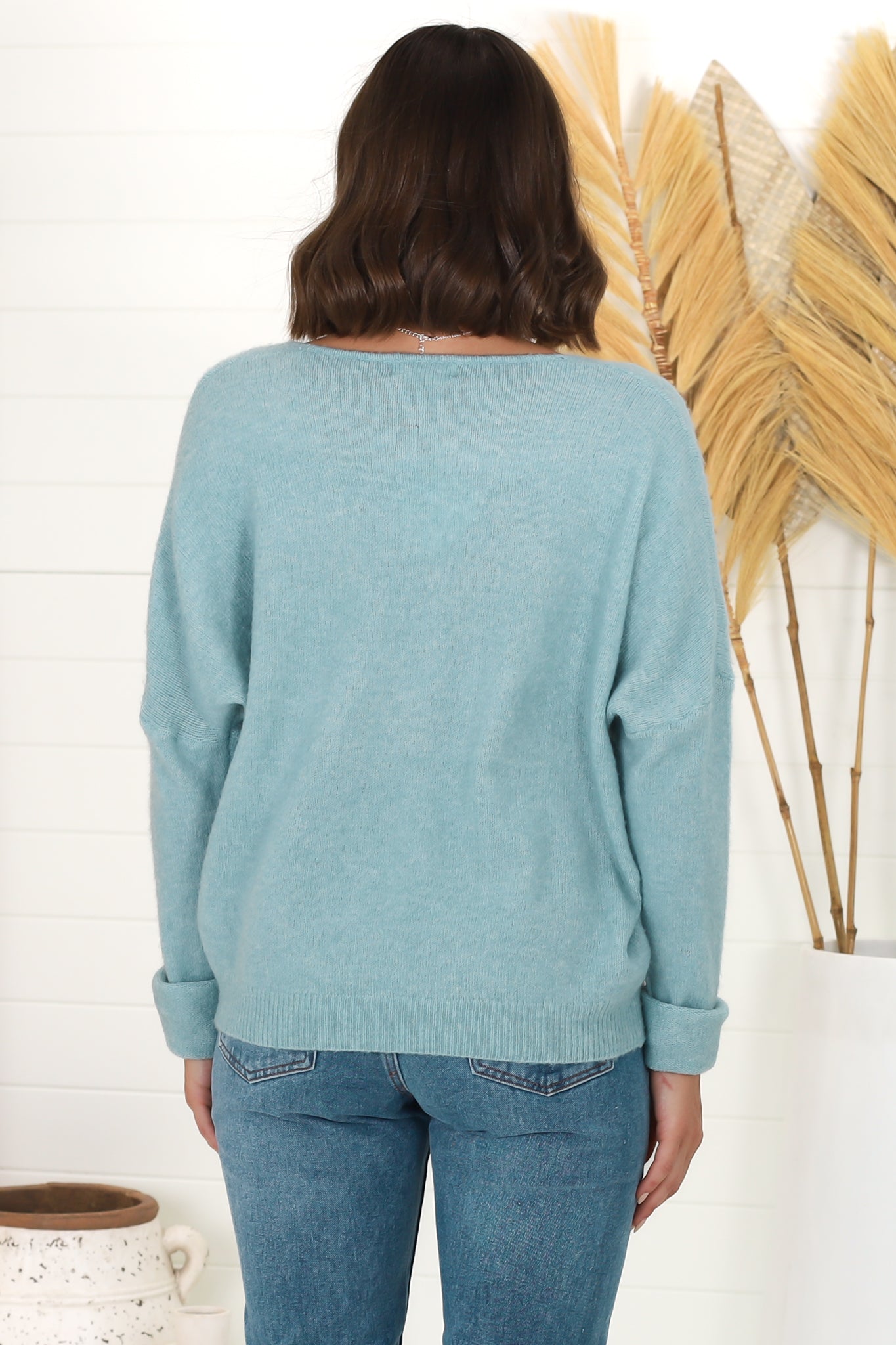 Carol Knit Top - Soft V Neck Batwing Sleeve Knit Top in Water Blue