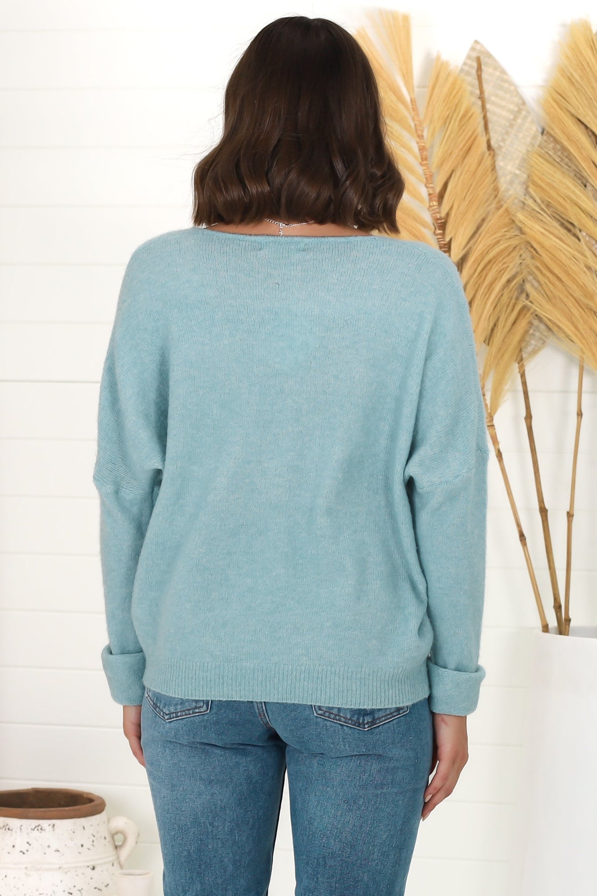 Carol Knit Top - Soft V Neck Batwing Sleeve Knit Top in Water Blue