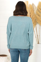 Carol Knit Top - Soft V Neck Batwing Sleeve Knit Top in Water Blue