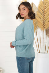 Carol Knit Top - Soft V Neck Batwing Sleeve Knit Top in Water Blue