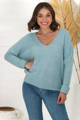 Carol Knit Top - Soft V Neck Batwing Sleeve Knit Top in Water Blue