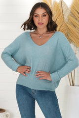 Carol Knit Top - Soft V Neck Batwing Sleeve Knit Top in Water Blue