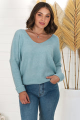 Carol Knit Top - Soft V Neck Batwing Sleeve Knit Top in Water Blue