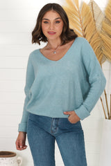 Carol Knit Top - Soft V Neck Batwing Sleeve Knit Top in Water Blue