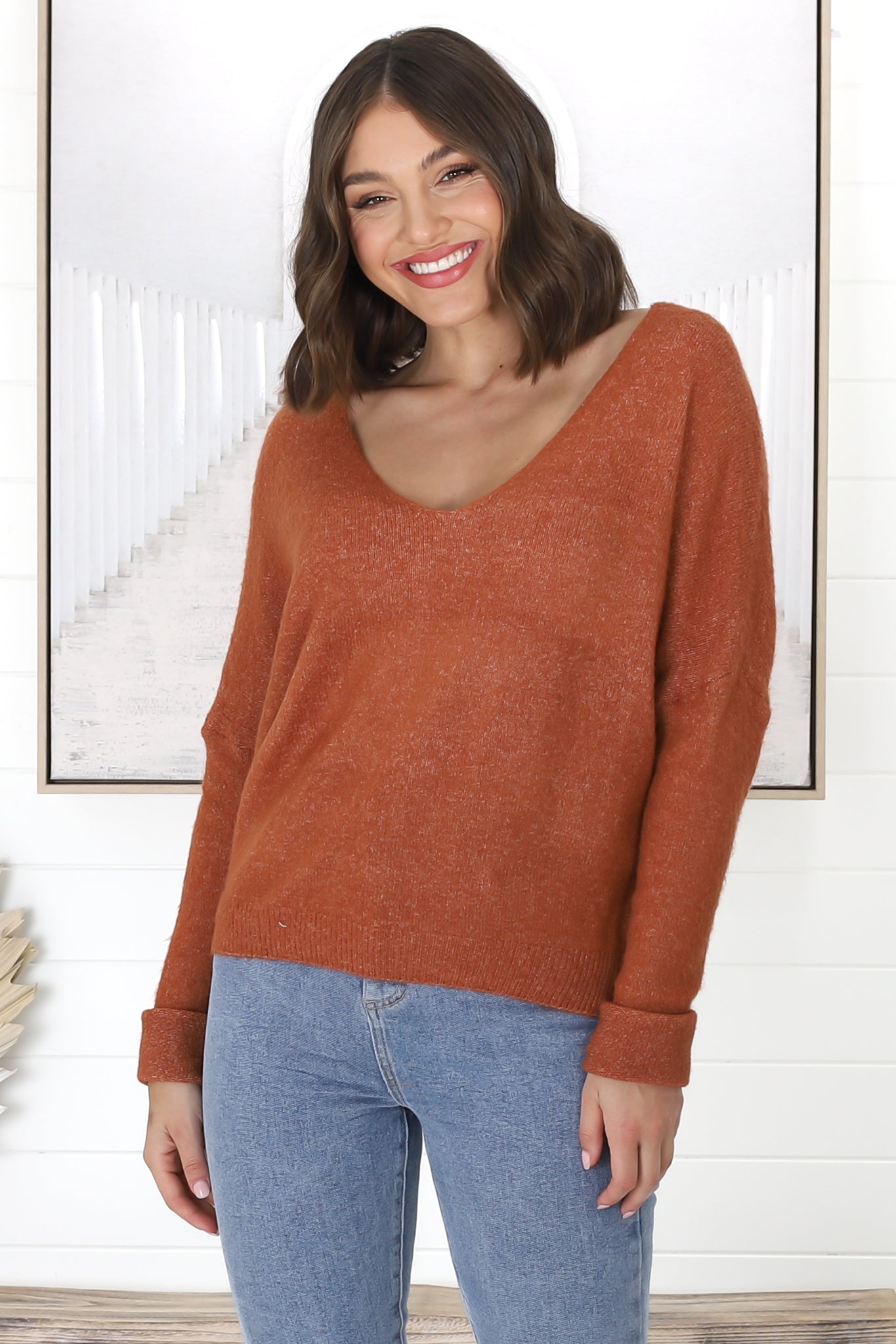 Carol Knit Top - Soft V Neck Batwing Sleeve Knit Top in Terracotta