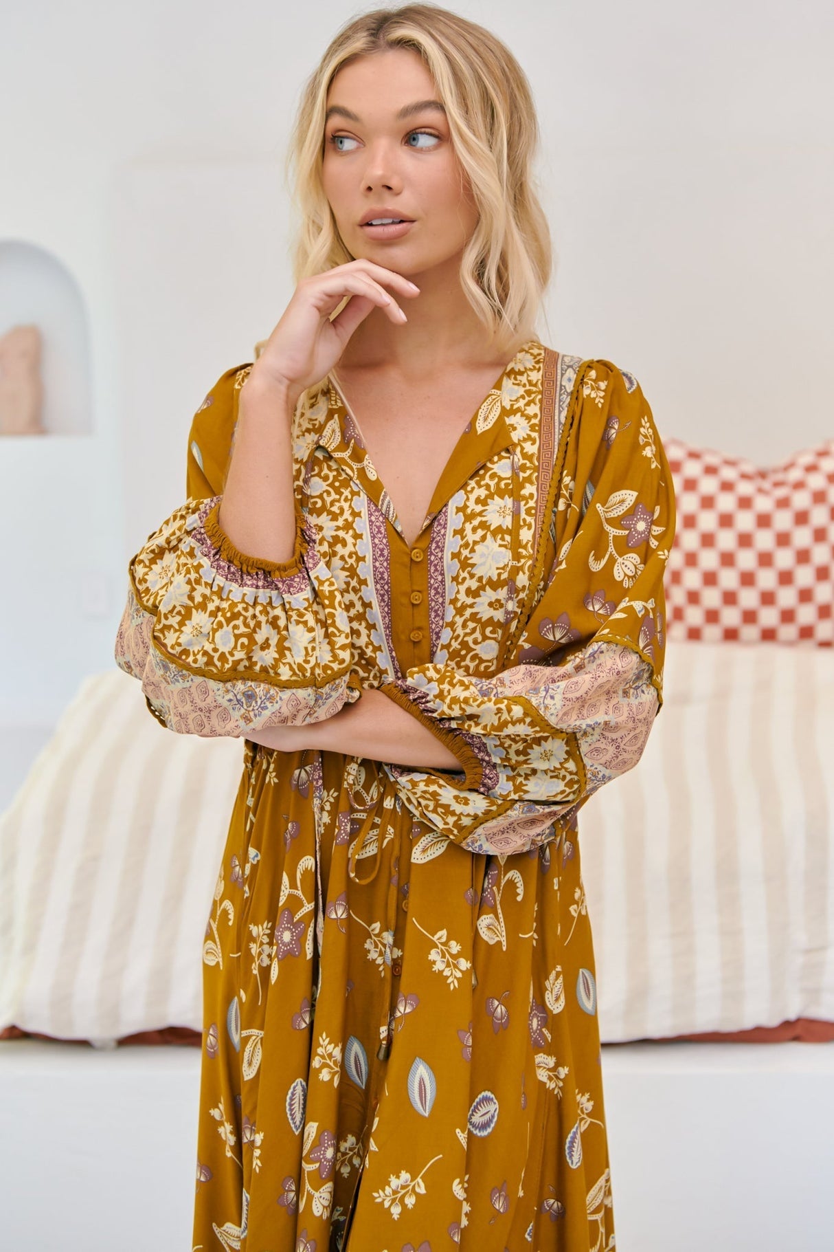 JAASE - Catalonia Maxi Dress: Batwing Sleeve Button Down Smock Dress in Emre Print