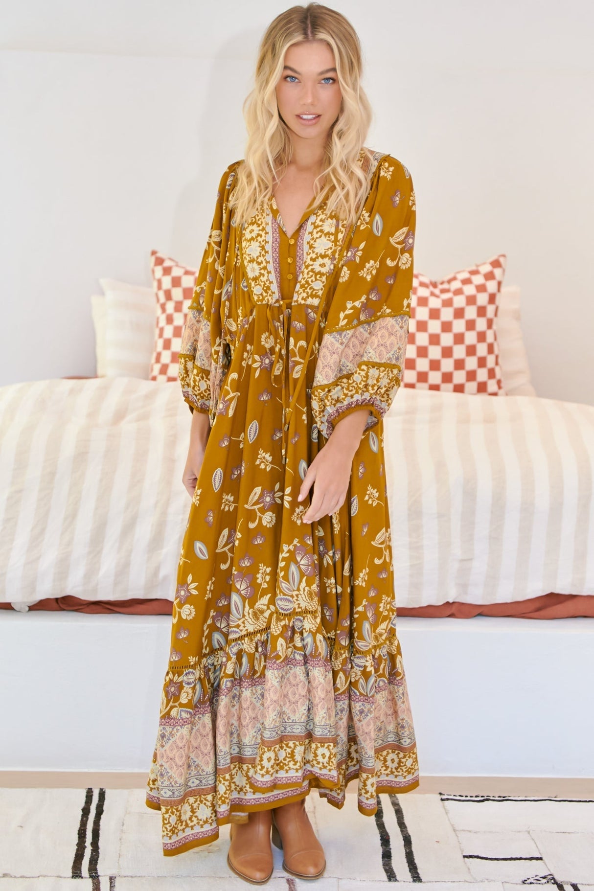 JAASE - Catalonia Maxi Dress: Batwing Sleeve Button Down Smock Dress in Emre Print