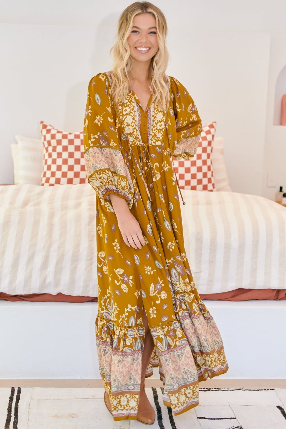 JAASE - Catalonia Maxi Dress: Batwing Sleeve Button Down Smock Dress in Emre Print