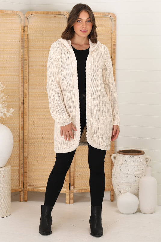 Chase Cardigan - Cable Knit Hooded Cardigan in Beige