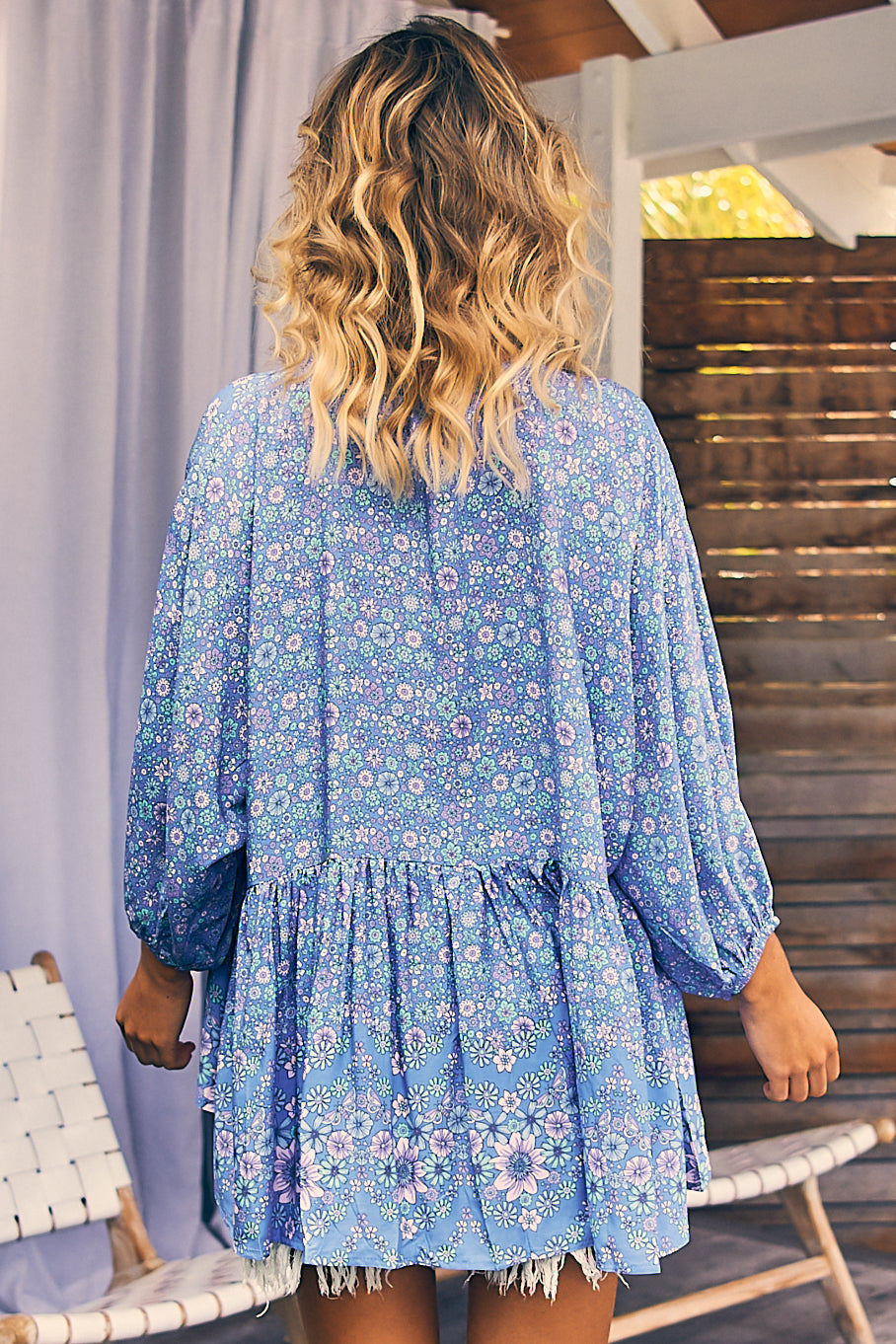 JAASE - Chloe Top: Very Oversized Crochet Trim Neckline Smock Top in Butterfly Fields Print