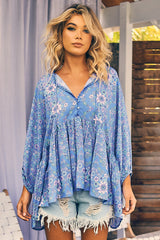 JAASE - Chloe Top: Very Oversized Crochet Trim Neckline Smock Top in Butterfly Fields Print