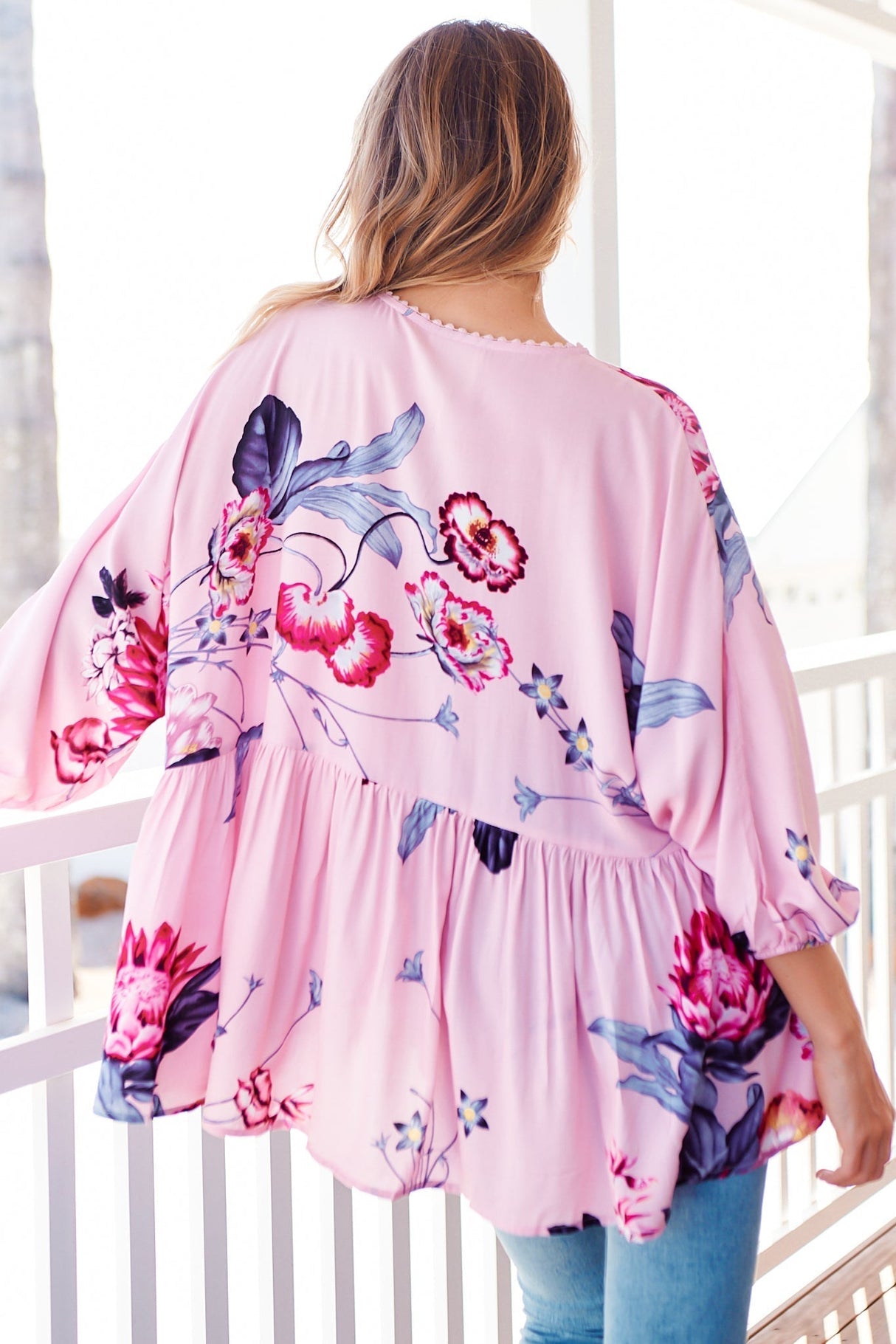 JAASE - Chloe Top: Very Oversized Crochet Trim Neckline Smock Top in Dahlia Print