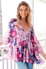 JAASE - Chloe Top: Very Oversized Crochet Trim Neckline Smock Top in Dahlia Print