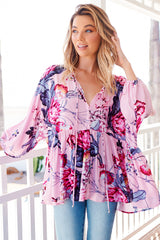 JAASE - Chloe Top: Very Oversized Crochet Trim Neckline Smock Top in Dahlia Print