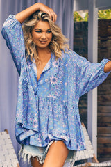 JAASE - Chloe Top: Very Oversized Crochet Trim Neckline Smock Top in Butterfly Fields Print