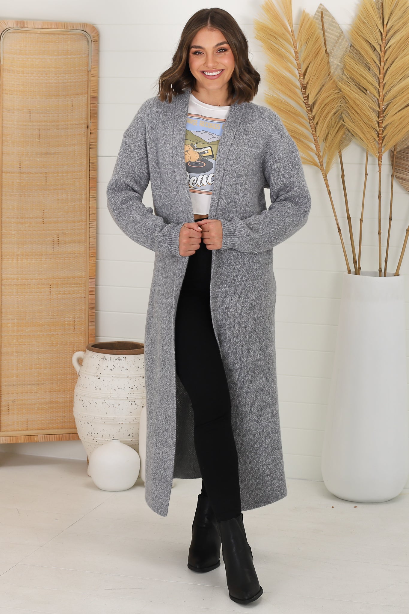 Clarance Cardigan  - Ankle Grazer Cardigan with Lapel Collar in Grey