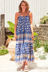 JAASE - Cognac Maxi Dress: Adjustable Straps Sun Dress in Floral Camelia Print