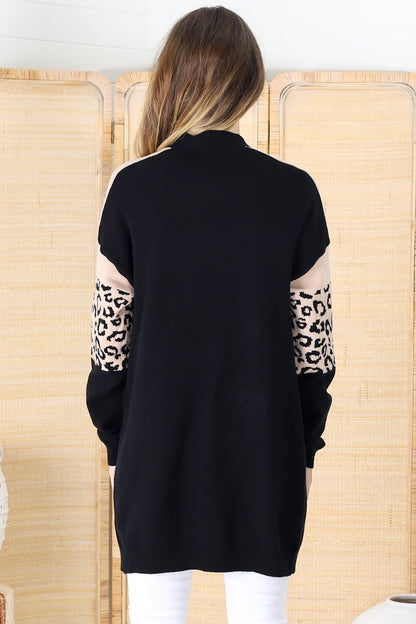 Corbin Cardigan -  Leopard Print Colour Block Cardigan with Pockets in Camel/Black